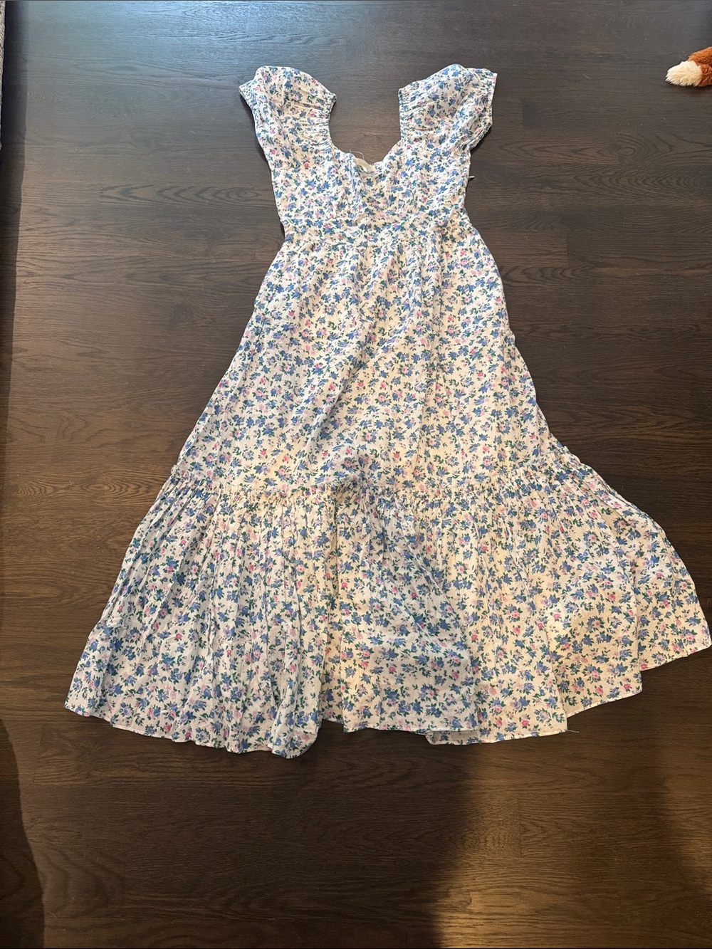 LoveShackFancy White Floral Ruffle Midi Dress with Blue & Pink Flowers